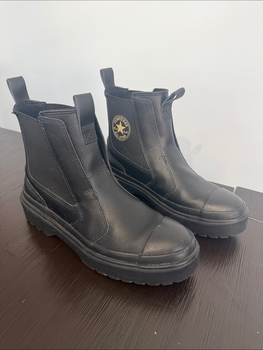 LIKE NEW Converse Black Leather Platform Chelsea Boots with All Star Patch